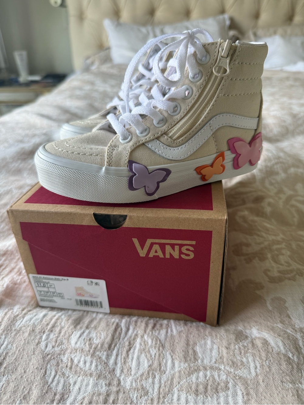 Vans Kids High-Top Sneakers in Cream with Pink, Purple, Orange Butterflies